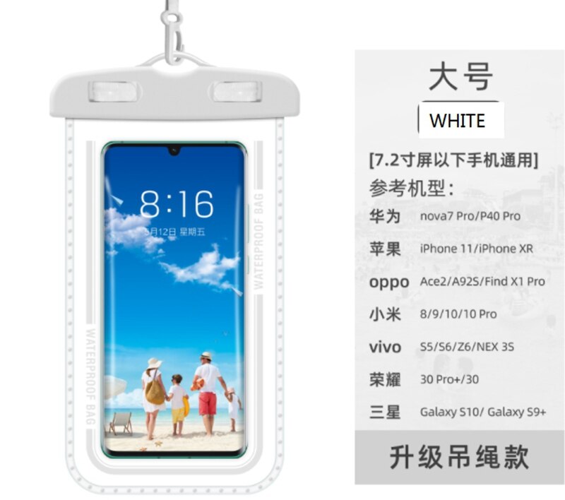 Étui étanche universel pour téléphone portable, housse de natation, étui étanche pour iphone 11 pro max , 6s, 7 plus, xiaomi: Blanc