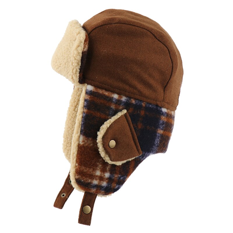 Camoland plaid bomber hat til mænd kvinder øreklap russisk ushanka kasket med beskyttelsesbriller termisk imiteret berber fleece trapper pilot hat: Brun plaid