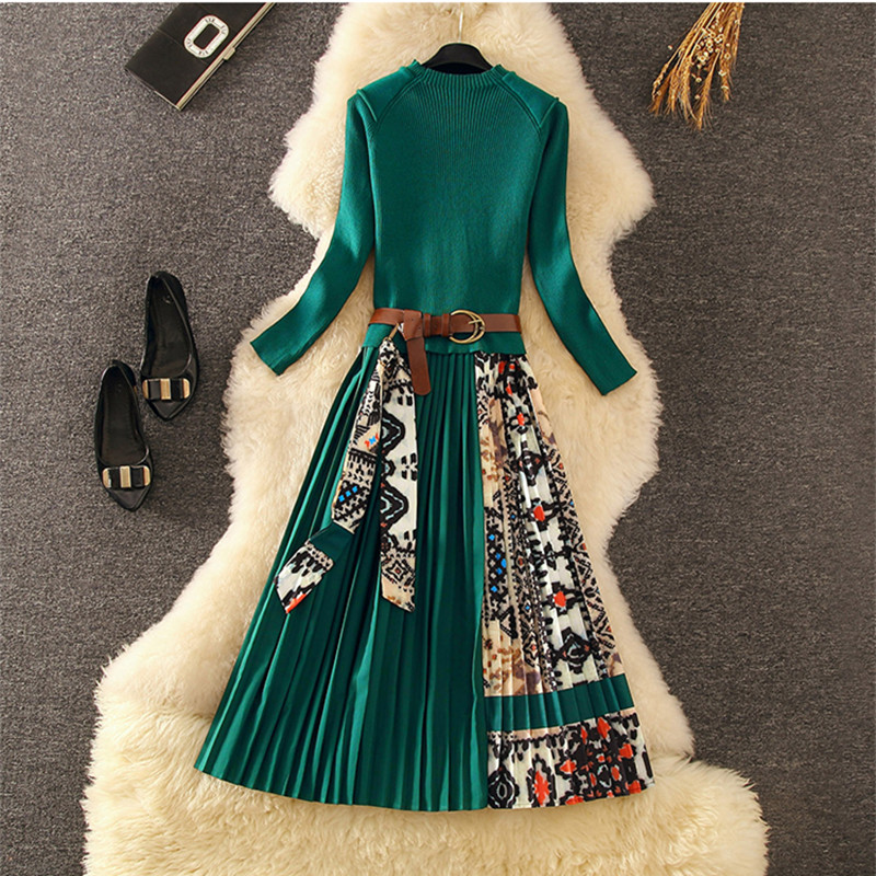 Abito midi plissettato in maglia patchwork – Grandado