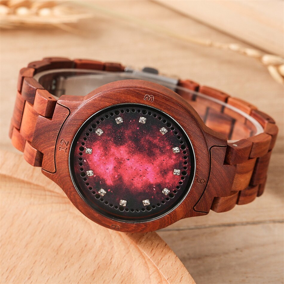Led lys display træ ure elektronisk dame fuld træ armbånd ur foldespænde dame armbåndsur
