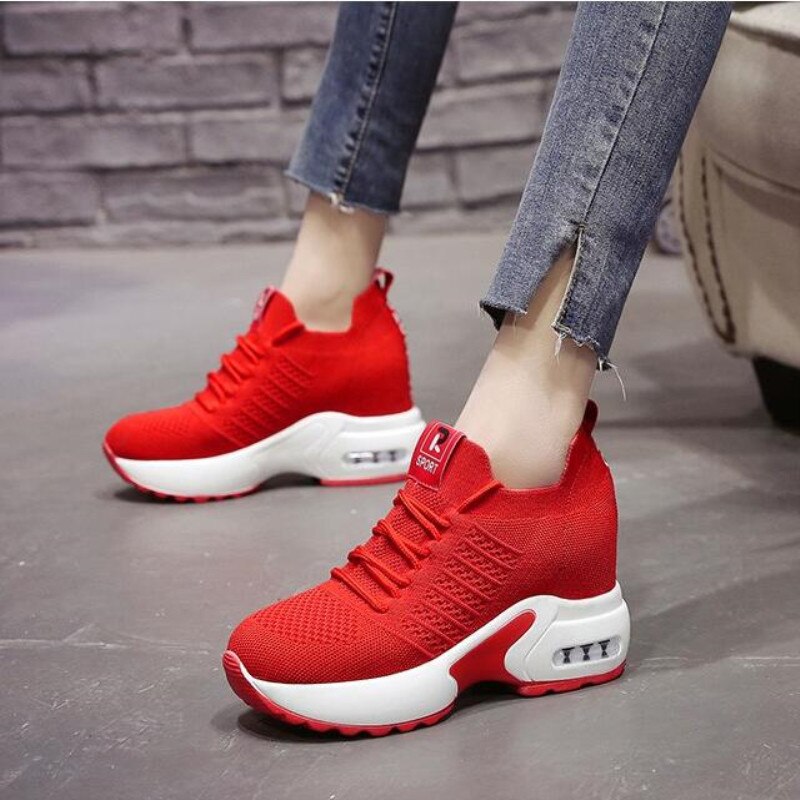 Women Summer Mesh Platform Sneakers Trainers White Shoes 9.5CM High Heels Wedges Outdoor Shoes Breathable Casual Shoes Woman