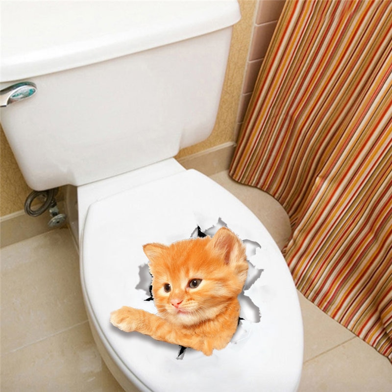 16X21Cm Leuke Kat Toiletbril Stickers Voor Wasruimte Wc Thuis Decoratie Diy Vivid 3d Gat Muur decals Kitten Pvc Muurschilderingen