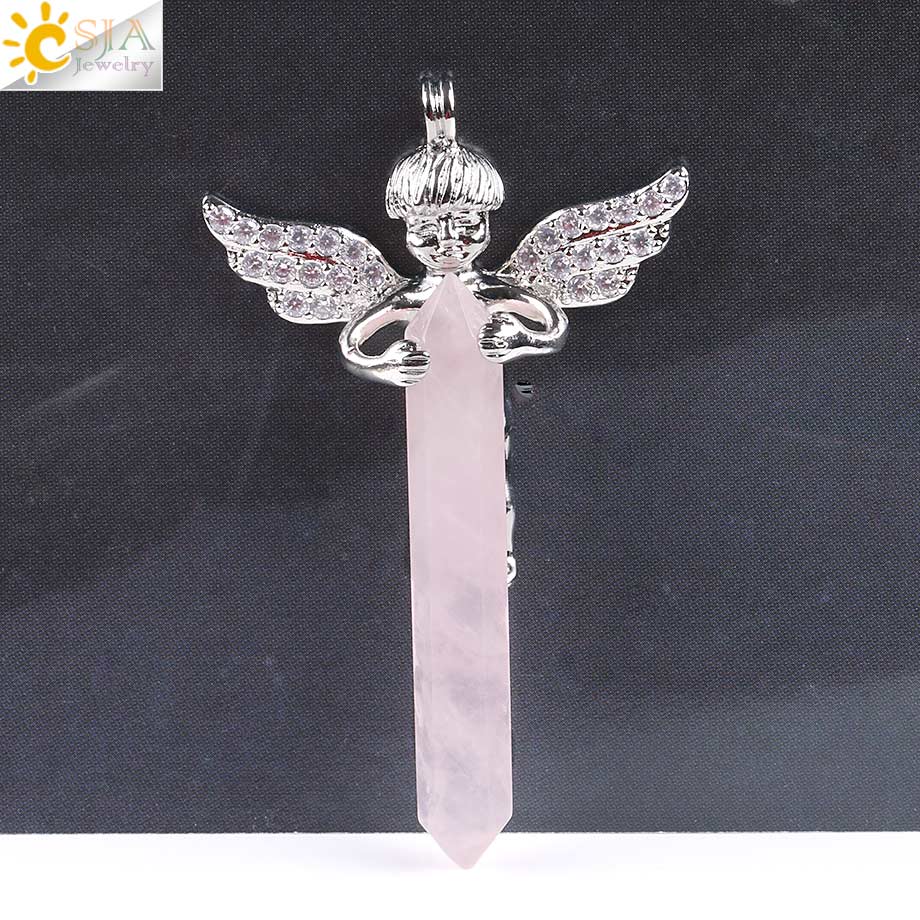 CSJA Gli Uomini e Le Donne Amano Regalo di Cristallo Naturale Gemma di Pietra Lunga Spada Esagonale Prisma Cupido Ali di Angelo Pendenti Con Gemme E Perle per Collane e818: Rose Quartz B