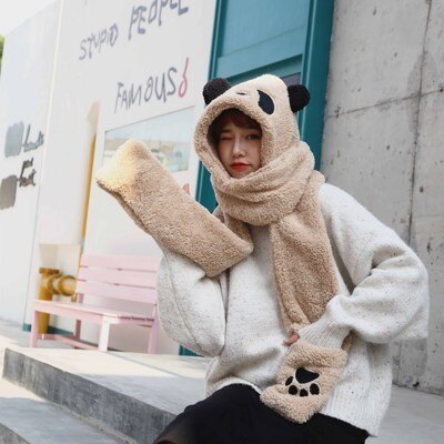 Sombrero de Panda de dibujos animados, conjunto de guantes y bufanda a prueba de viento, Invierno: Beige
