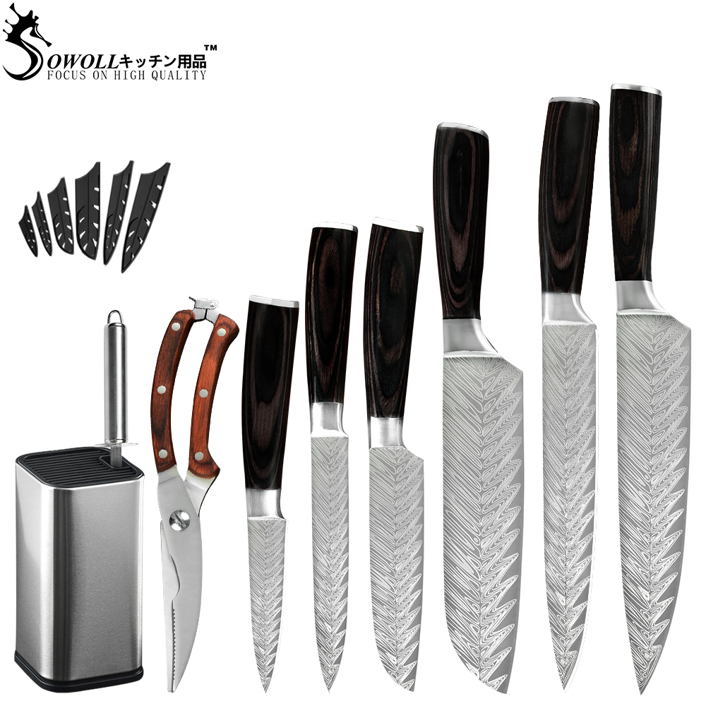 Sowoll Kitchen Stainless Steel Knives Tool Fruit Utility Santoku Chef Slicer Damascus Veins Kitchen Knives Scissor Sharpener Bar: A.9PCS SET