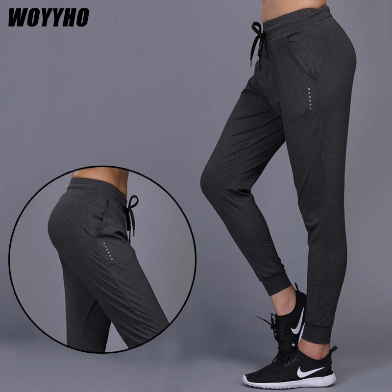 WOYYHO-Pantalones elásticos con cordón para correr para mujer, mallas deportivas de Yoga flexibles y sueltas, transpirables, color negro