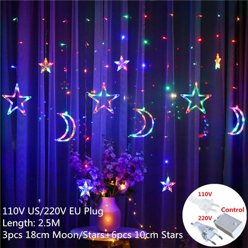220v eu pistoke 2.5m led moon star lamppu keiju verho valo jouluseppele merkkijono valot lamppu vuodeksi hääkoristeita: Xingyue värikäs / Eu -pistoke