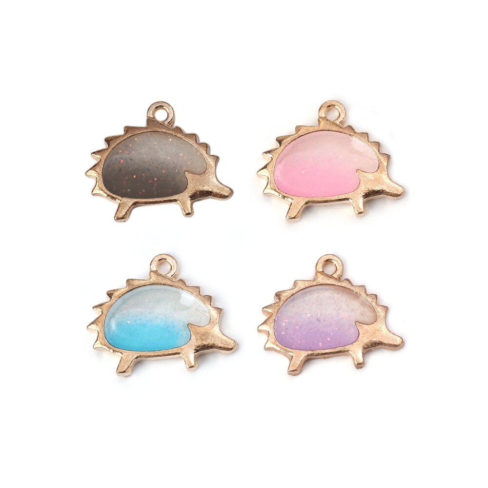 Doreen Box colgantes de aleación a base de Zinc Kawaii Hedgehog Color dorado púrpura esmalte Glitter colgantes 21mm( 7/8 ") x 17mm( 5/8"), 10 Uds