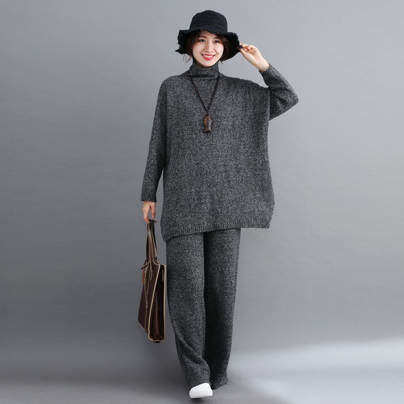 Plus Size Women 2 Pieces Pant Sets Casual Turtleneck Knitted Sweaters Pullovers And Wide Leg Pant Suits: Dark grey
