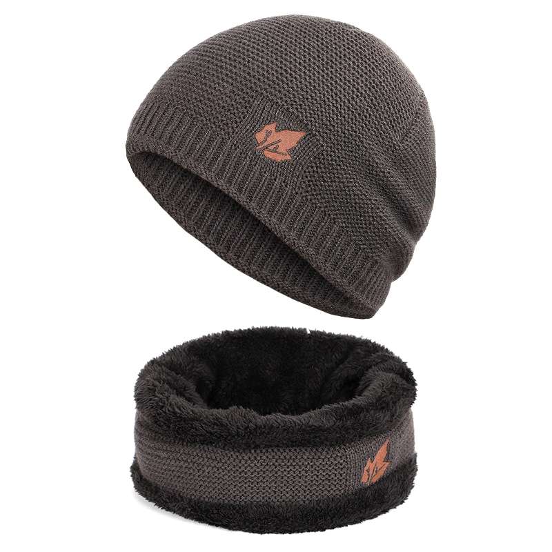 Vinter hue-hatte tørklædesæt varm strik foret hals fleece varmere vinterhue & tørklæde sæt: Grå
