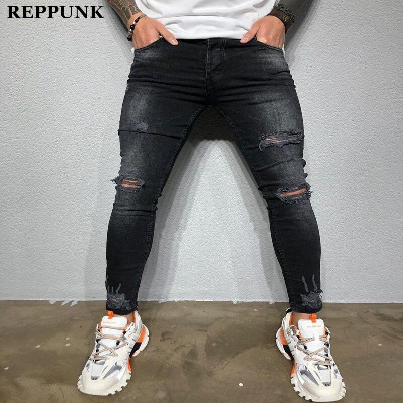 Reppunk svart stretch skinny fit jeans herr knä slitna nödställda hål biker jeans byxor hip hop street stor storlek xxxl