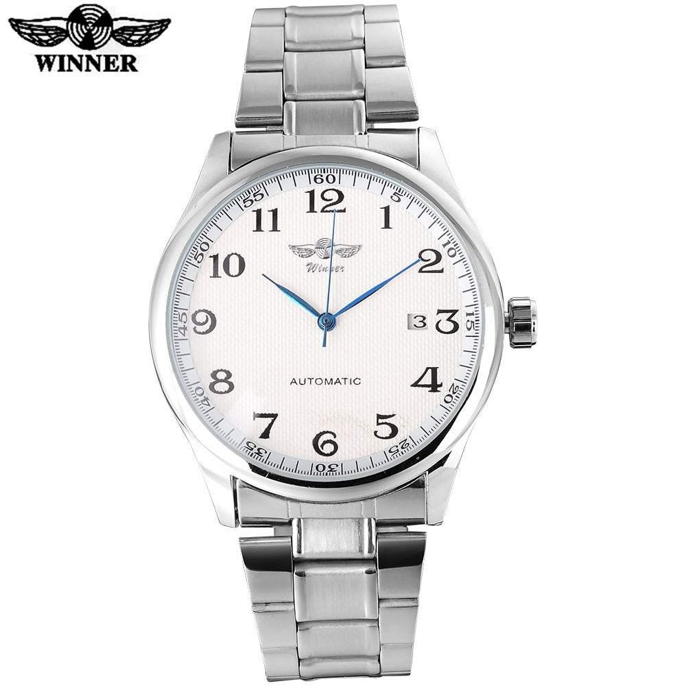 Winnaar Mode Casual Mannen Machanical Horloges Roestvrij Stalen Band Silver Case Luxe Automatische Horloges Relogio Masculino: white