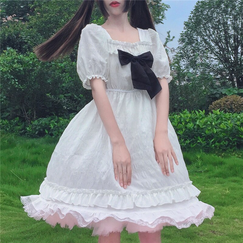 Kawaii mignon Lolita robe blanche noir nœud papillon doux mignon japonais robe victorienne robe kawaii fille gothique lolita