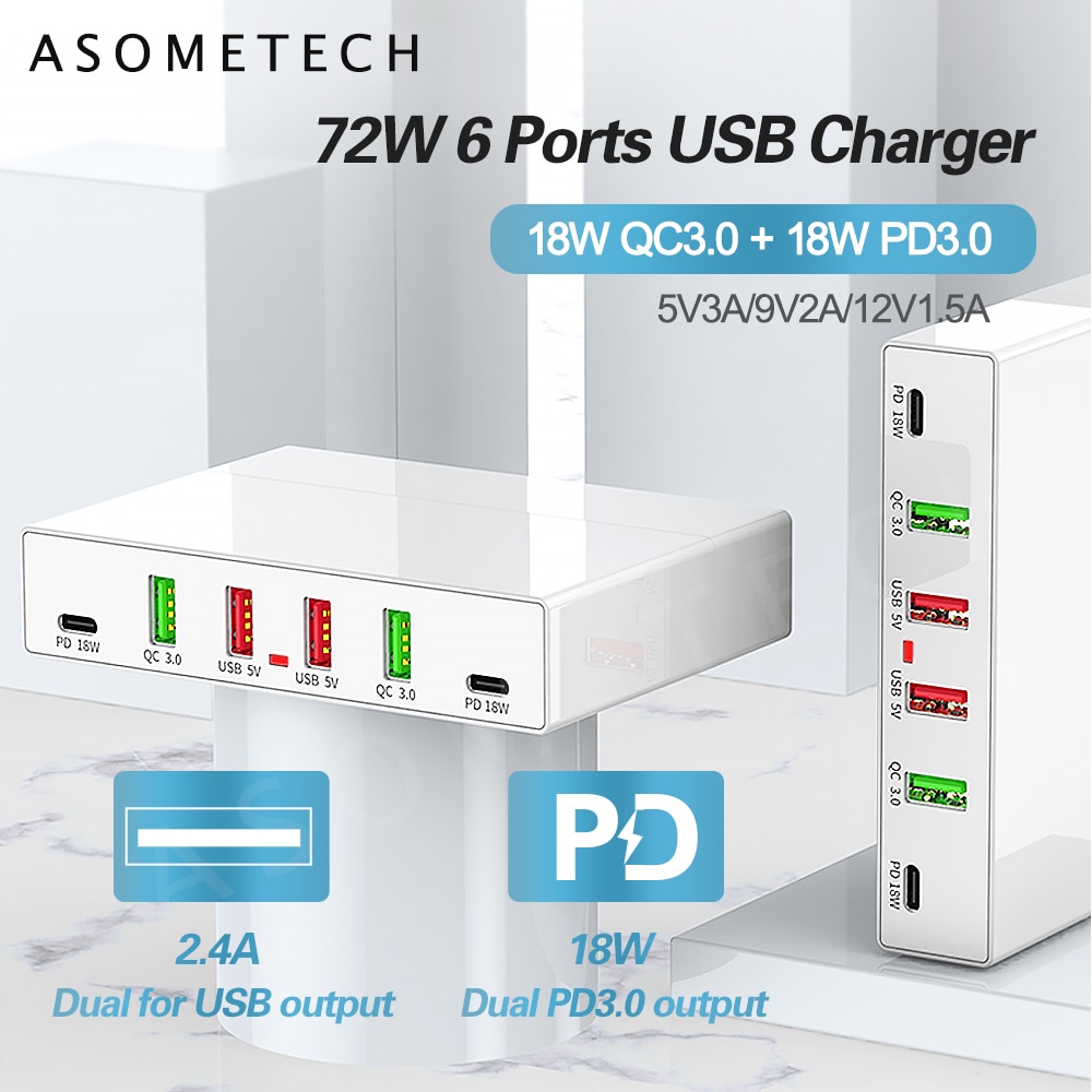 72W 6 Poorten Quick Charge 3.0 Usb Charger Adapter Hub Mobiele Telefoon Oplader Usb C Pd Snelle Oplader Voor iphone Huawei Samsung Xiaomi