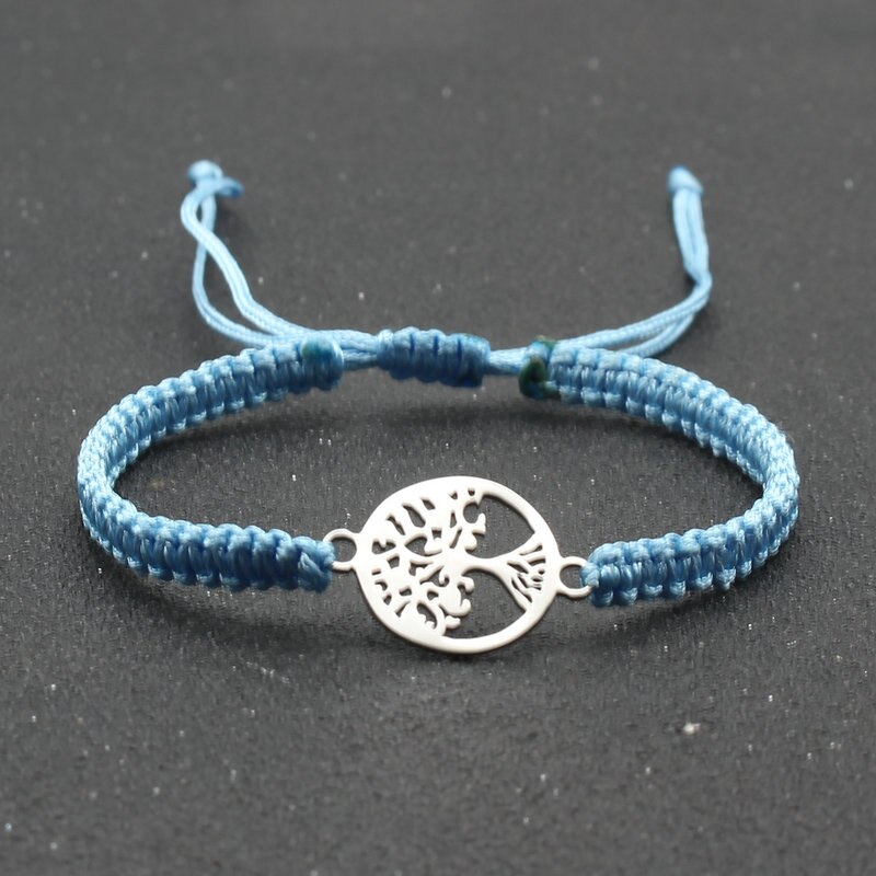 Pulsera de cuerda hecha a mano para hombre y mujer, brazalete de acero inoxidable con colgante de árbol de la vida, ajustable, para pareja: Sky blue
