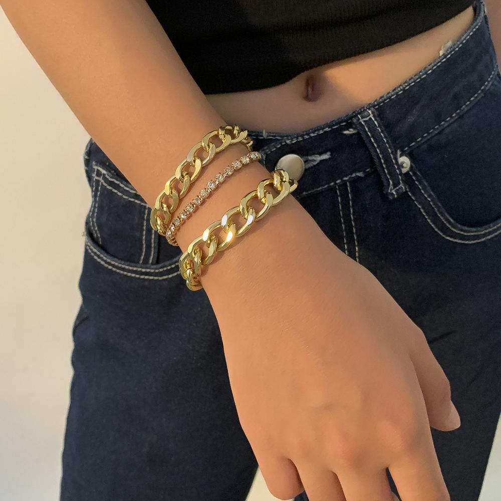 Punk 4Pcs/Set Cuban Link Chain Bracelets Set for Women Thicken Boho Miami Gold Color Bracelets Bangles for Lovers Jewelry Charm