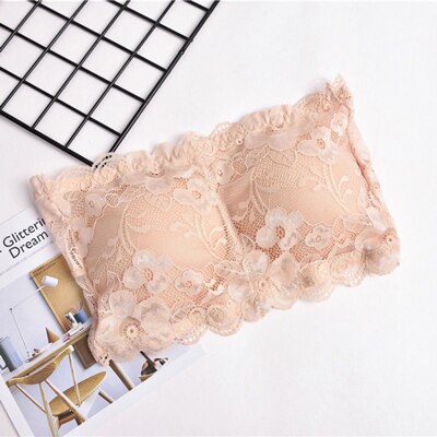 Arherigele Lace Full Cup Flower Bra Crop Top Strapless Underwear Push Up Bra Seamless Thickening Wrapped Chest Bras for Ladies: Beige