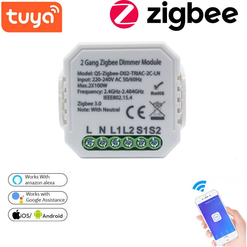 Lonsonho Tuya ZigBee 3.0 Smart Dimmer Switch Module With Neutral 1/2 Gang Wireless Control Switch Relay Works With Alexa Googl