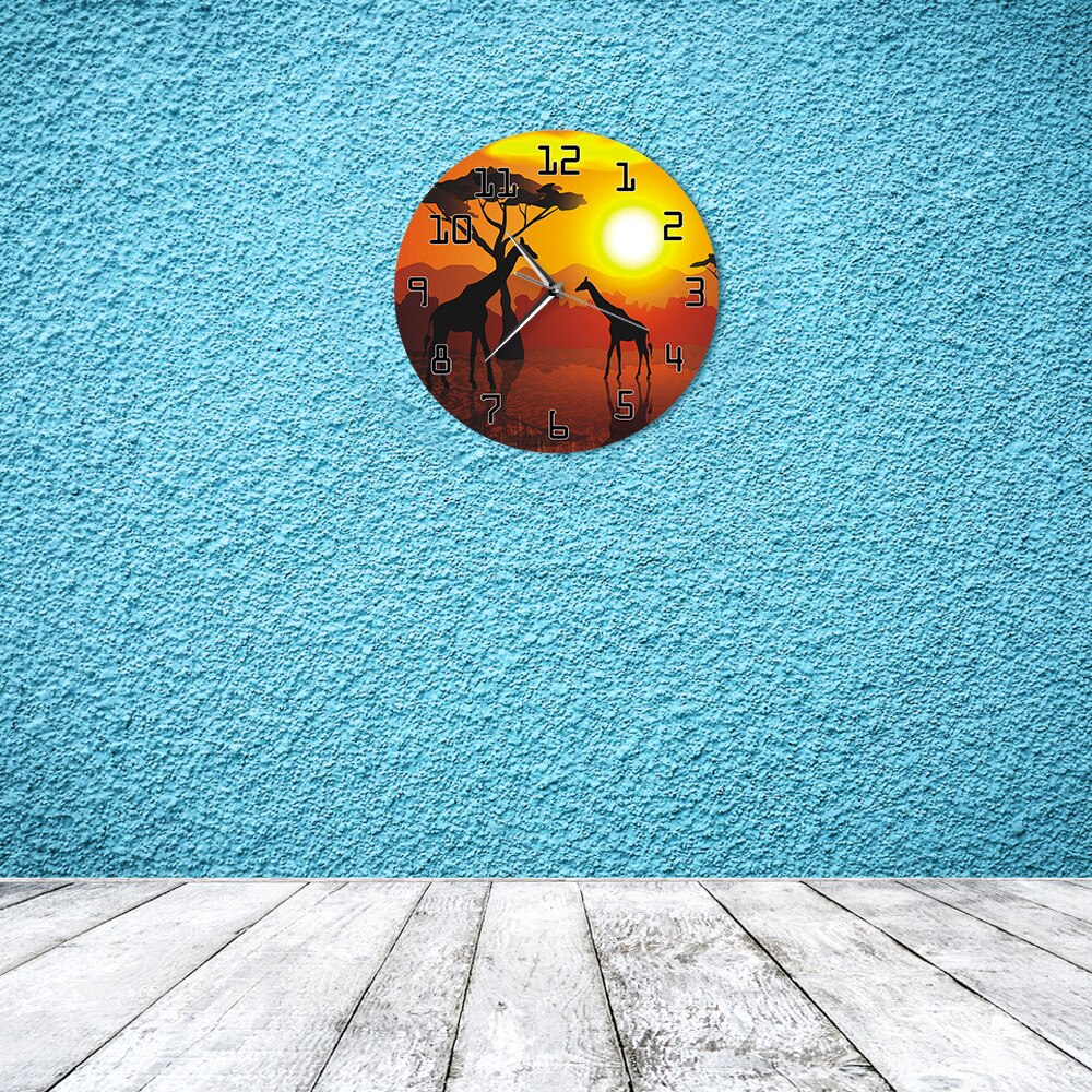 Serengeti African Sunset Savannah Safari Printed Hanging Timepiece Wildlife Giraffe Watch No Ticking Slient Wall Clock