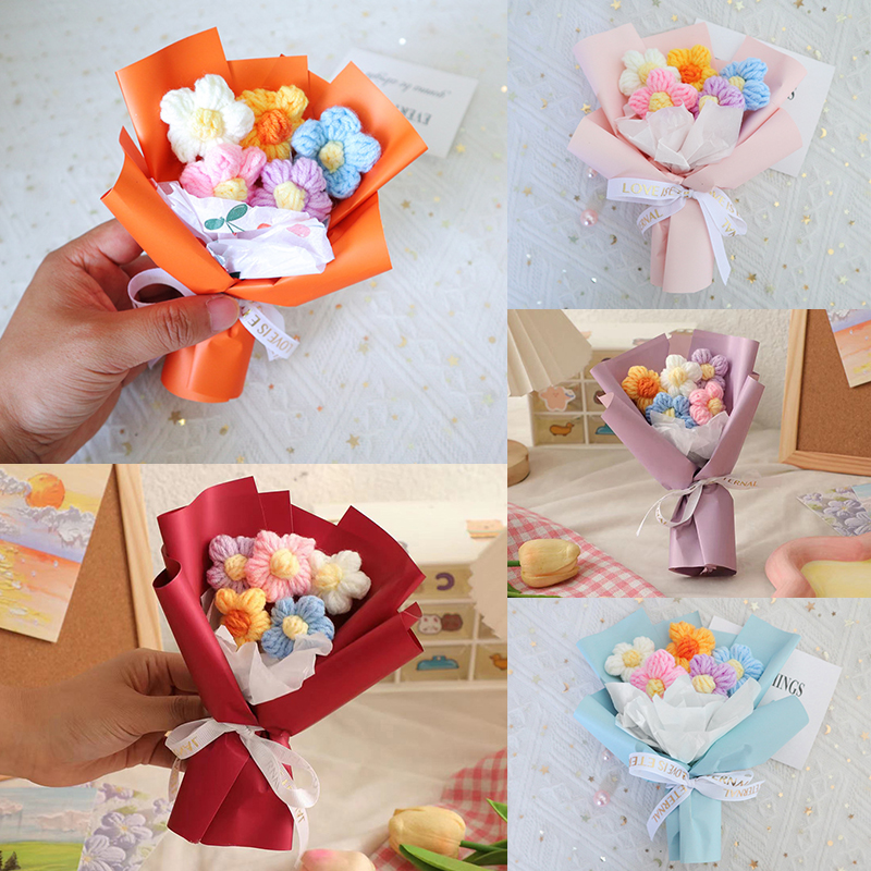 Mini buquê de flores de tricô feito à mão, buquê de flores de crochê com acabamento, caixa de presente para festa de casamento, acompanha buquê pequeno