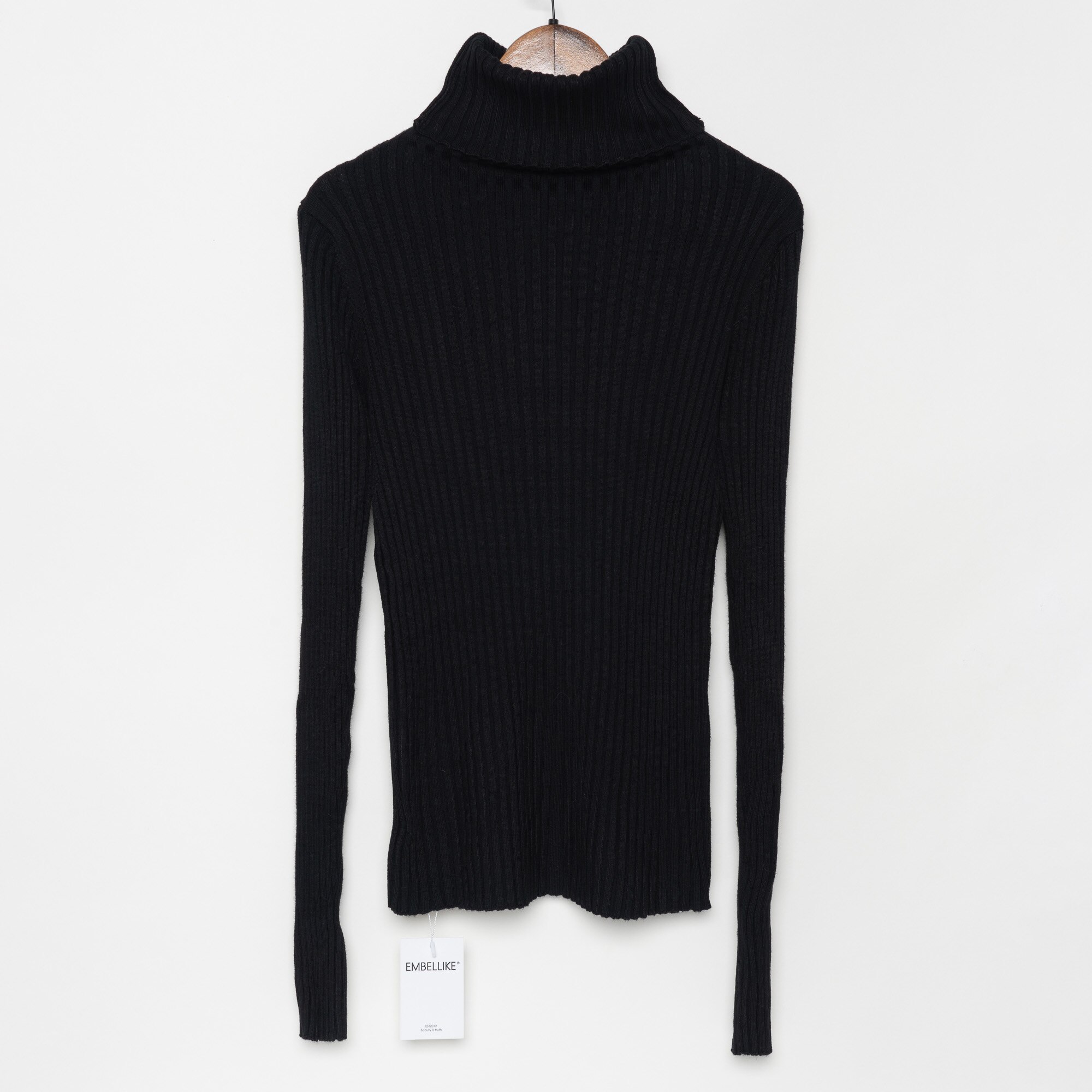 Ribbed Turtleneck Sweater Knitted Tops Women High Neck Pullovers With Thumb Hole Fall Winter Jumper: Black