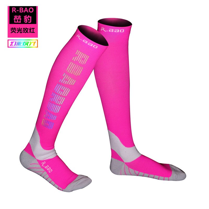 1 par gratis Pro Running Compress reflectante función calcetines noche deportes ciclismo Running Camping calcetines hasta la rodilla