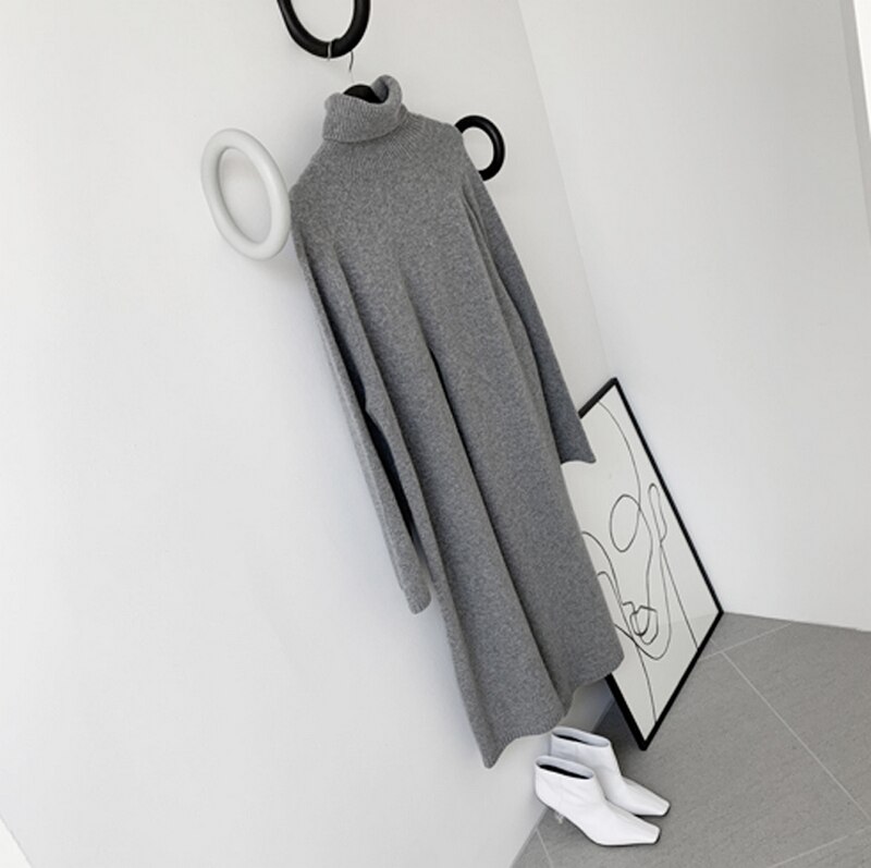 Suéter de cuello alto de punto para mujer, jerséis largos de otoño e invierno, jerséis partidos de calle, ropa holgada para mujer: Gray