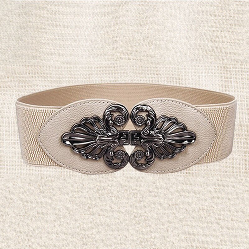 21 types Women Elastic Wide Belt Thick Vintage Totem Print Stretch Leather Waist Belt For Dress Corset Cinch Waistband Z30: Creamy-white G b