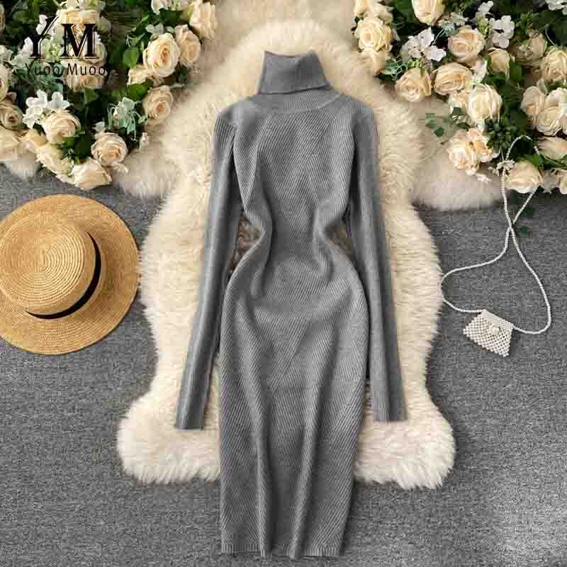 Yuoomuoo Trui Jurk Winter Coltrui Warme Lange Mouw Gebreide Jurk Alle Match Casual Solid Vrouwen Bodycon Jurk: Grijs