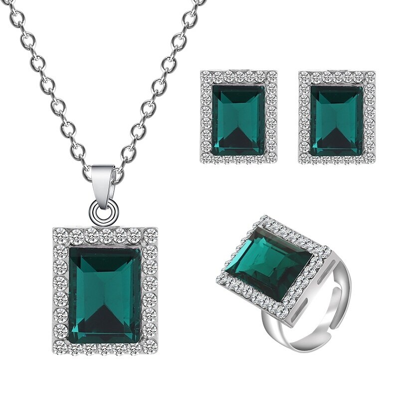 MINHIN lujo nupcial Juegos de joyas para mujer encantos cristal geométrico colgante 3 uds conjuntos de boda: 1438 green