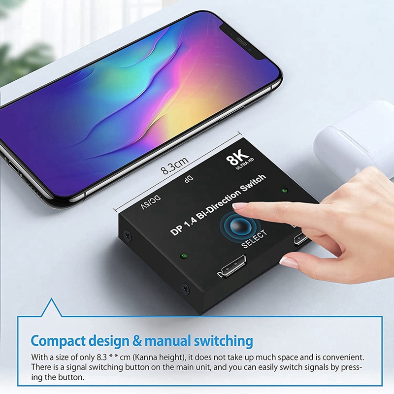 Displayport Switch 8K, Bidirectional DP 1.4 Switch 8K @ 60Hz, 4K @ 120Hz, Displayport Switcher 1 to 2/2 in 1 Out