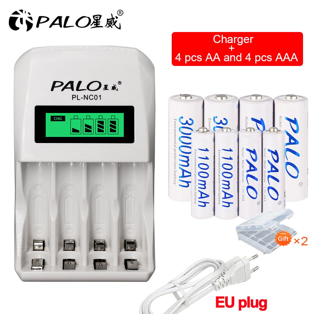 Palo 1.2v aa nabíjateľná batéria  + 1.2v aaa nabíjacie batérie s inteligentnou aa nabíjačkou batérií pre 1.2v ni-mh aa aaa batérie: 4aa 4 aaa 1 nabíjačka