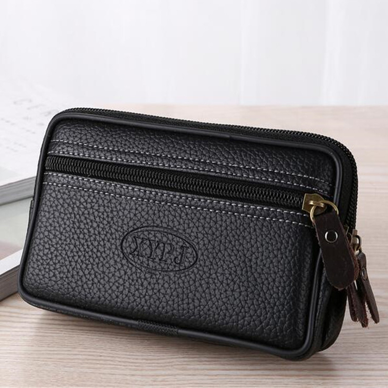 Mobile Phone Waist Pack For Men Testificate Bag Leather Coin Purse Strap Pocket Cellphone Bag Clutch Bag Belt Waist Pouch: Black