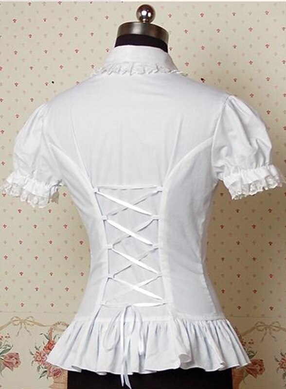 Camiseta corta victoriana de Lolita para mujer, blusas con lazo y volantes de encaje, traje blanco de verano,