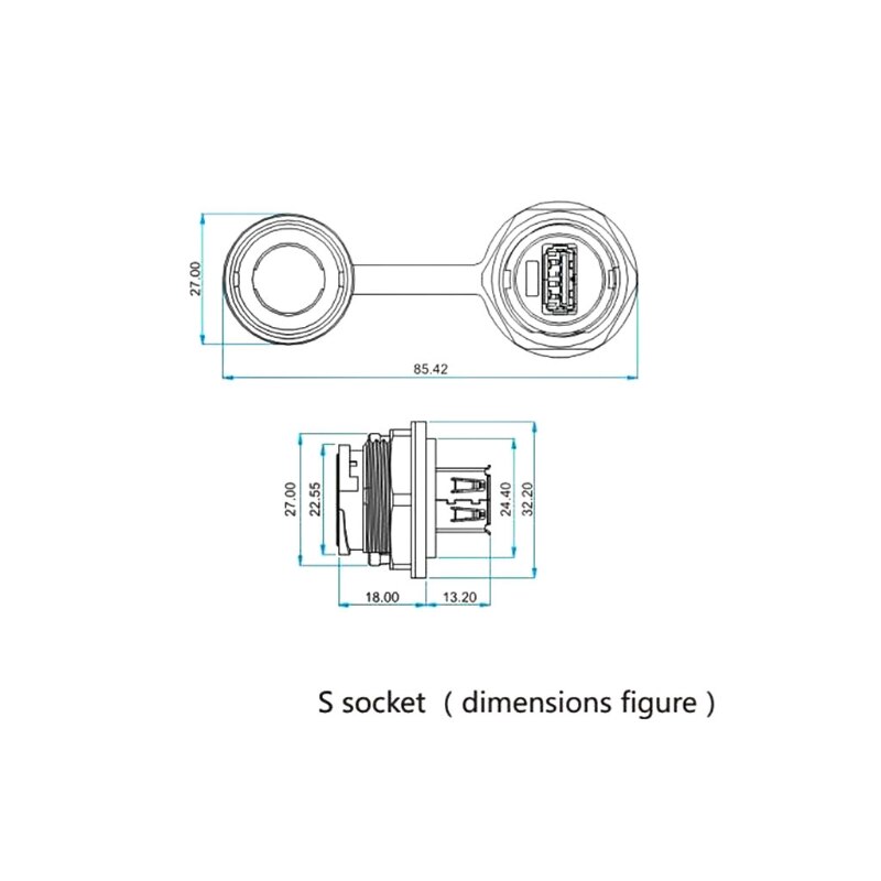 USB Female Socket Plug Panel Mount Adapter Waterproof Connector IPL7 With Cap