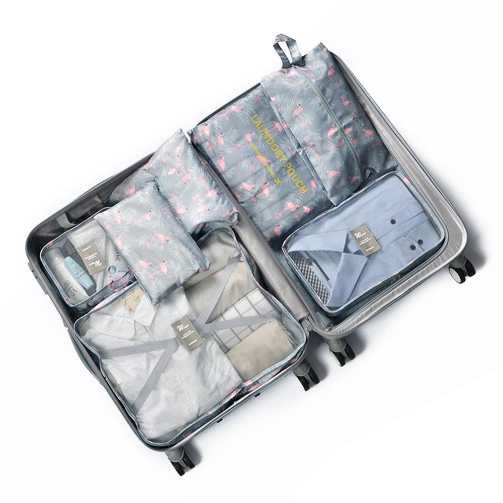 S.IKRR Nylon Packing Cubes Travel Bag Women Waterproof Large Luggage Organizer Set 7pcs Clothes Storting Pouch Cosmetic Bag: Light Gray Flower