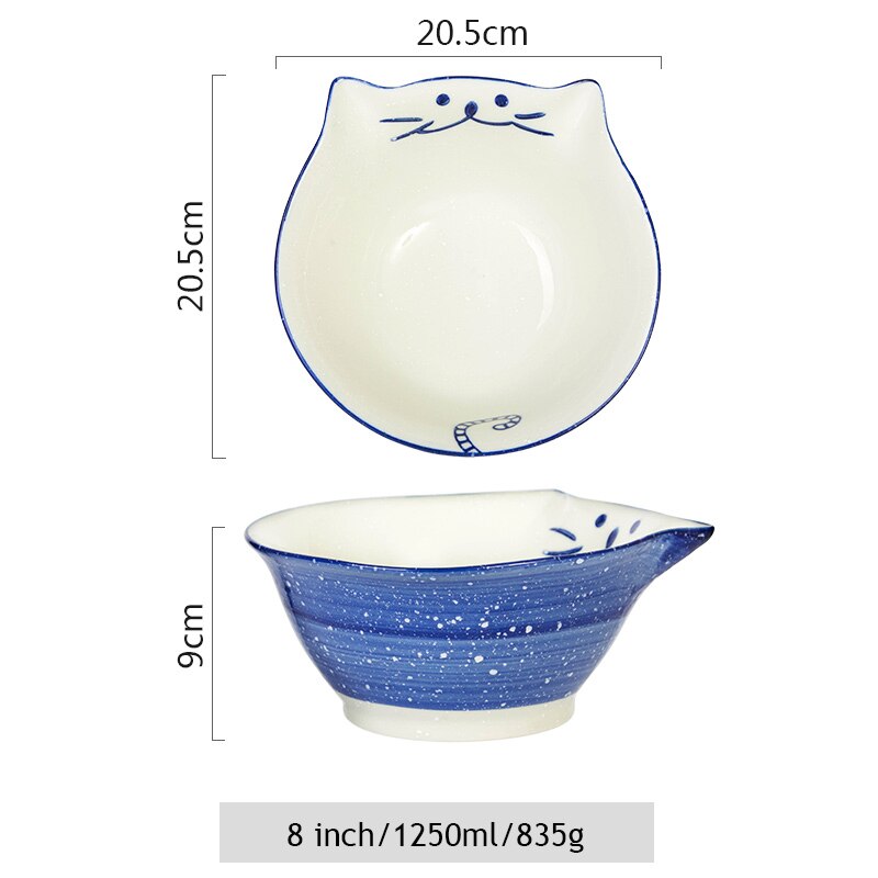 1pc dos desenhos animados kitty cerâmica jantar tigela pintados à mão gato porcelana tigela de arroz tigela de macarrão tigela de sobremesa utensílios de mesa: 8 inch Blue