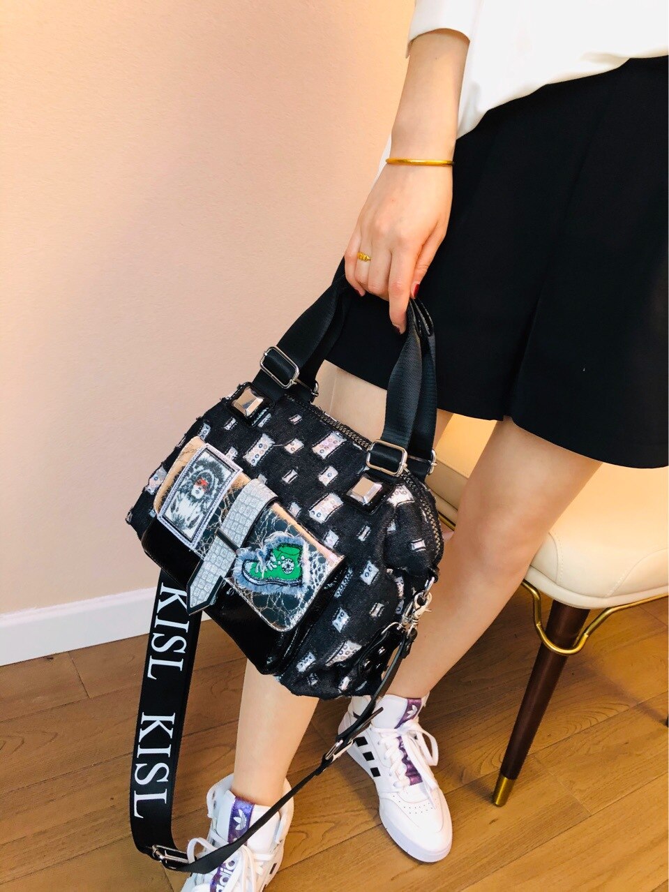 Sac à main en tissu Denim déchiré pour femmes, sacoche à la , , loisirs quotidiens, taille moyenne, Hobo: Black