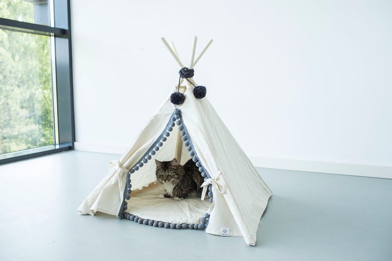 Natural Canvas Pompoms dog teepee pet tent pet teepee tent dog tipi rabbit teepee