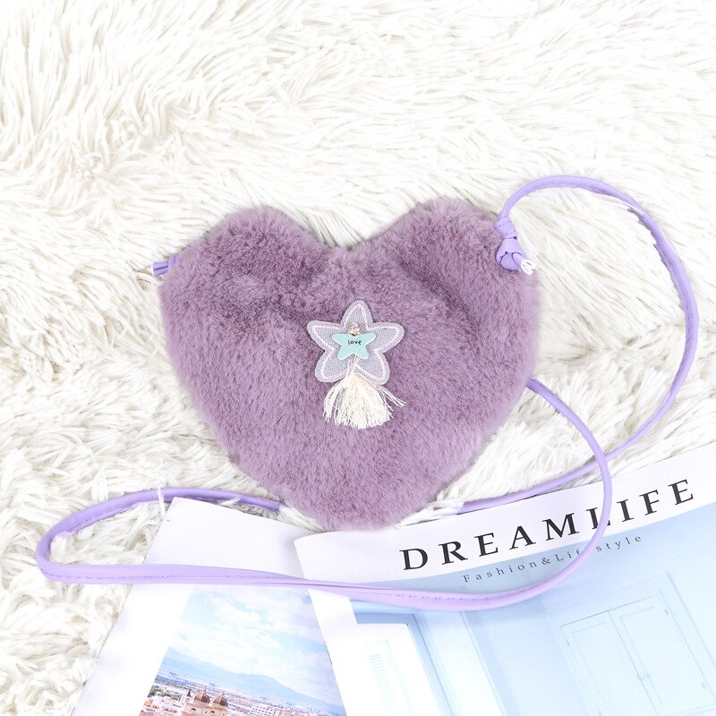 Schattig klein meisjes mini portemonneetje kawaii nep konijnenbont baby kleine portemonnee peuter schoudertas meisjes feesttasje: Paars hart