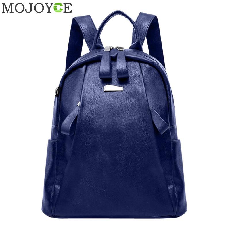 Sacs à dos en cuir PU femmes fermeture à glissière solide Mochila Escolar sacs d'école pour adolescents filles voyage sac à bandoulière décontracté sac à dos bleu