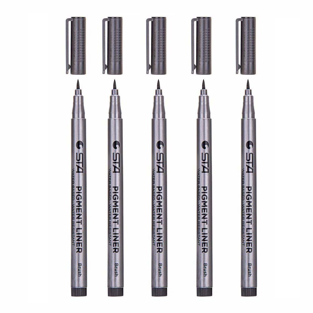 Penseelstiften, kunstmarkers, fineliners, penseelpunt, zwarte pennen voor kleurboeken voor volwassenen, bullet journal, aantekeningen maken, tekenen: 5 stuks