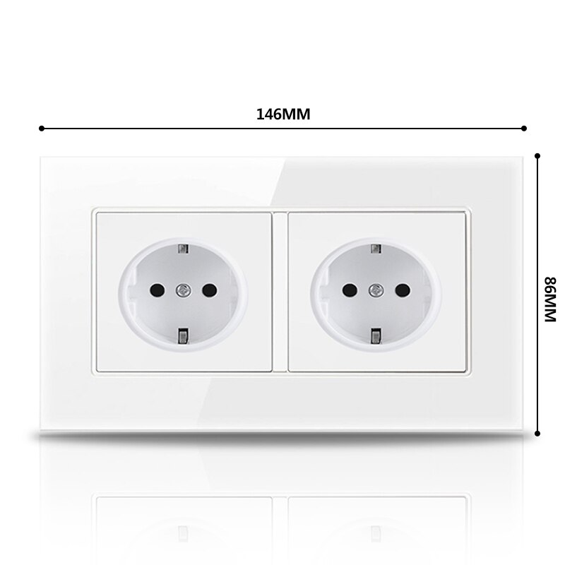 PSSRISEWall Crystal Glass Panel 146*86 Multi Way Power Socket Plug Grounded 16A EU Standard Electrical Outlet Double Socket stri: white