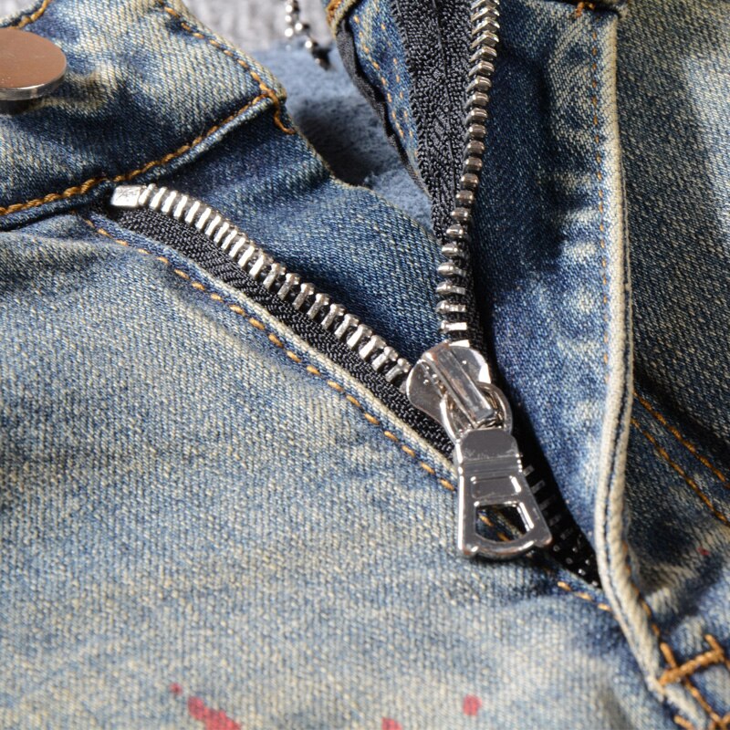 Streetwear heren jeans retro geel gewassen destroyed ripped jeans stretch paint hiphop jeans heren