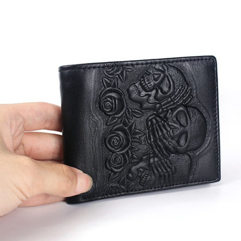Punk Style Rose Ghost Head Embossed Wallet for Men Gothic Black Leather Wallet Short Vintage Skull Men's Wallet Purse