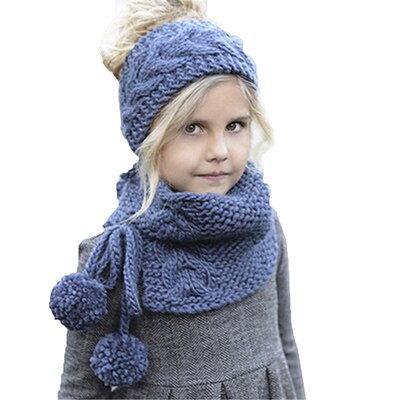 2 Pieces Set Kids Winter Hat Scarf For Girls Hats warm knitted cap Children's winter cloak thickening handmade scarves shawl: A-blue