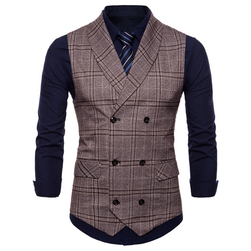 Chaleco de negocios para hombre, estilo, a cuadros, informal, de negocios, doble botonadura, chalequillo traje chaleco,: Dark Brown / M