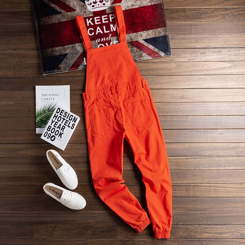 Mono holgado japonés naranja para hombre, peto con cordón, ropa de calle de hip-hop, pantalones informales juveniles