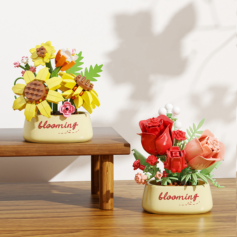 Romantic floral building blocks flower potted roses and sunflowers assembled DIY flower potted toys girls' Valentine's Day