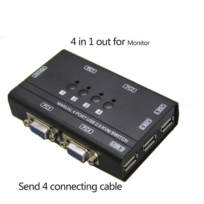 4 Poorten USB2.0 Kvm Schakelaar Handmatige Controle 4 Pc Hosts Door 1 Set Van Usb Toetsenbord Muis En Vga Monitor multi Pc Beheren Sturen Kabels